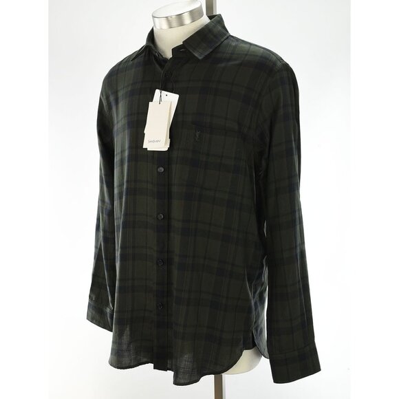 SAINT LAURENT Green Falkland Check CASSANDRE Cotton Long Sleeve Shirt LARGE NWT